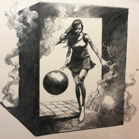 drawix20 girl locked in a magic cube with a ball of fire, very detailed, black ink <lora:drawix20:1>