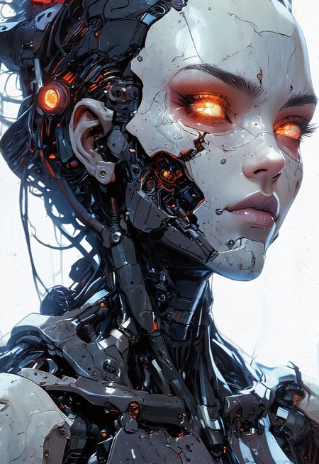 A futuristic cyberpunk female cyborg portrait, featuring a human face integrated with advanced mechanical details. The left eye is replaced by a glowing orange robotic lens with intricate circuitry. Black metallic textures dominate the neck and head, with wires and panels seamlessly blending into organic features. The background is clean white to enhance the focus on the cyborg's design, with lighting reflecting off the glossy surfaces. Emphasis on high-tech and sleek aesthetics, with a balance of realism and artistic stylization