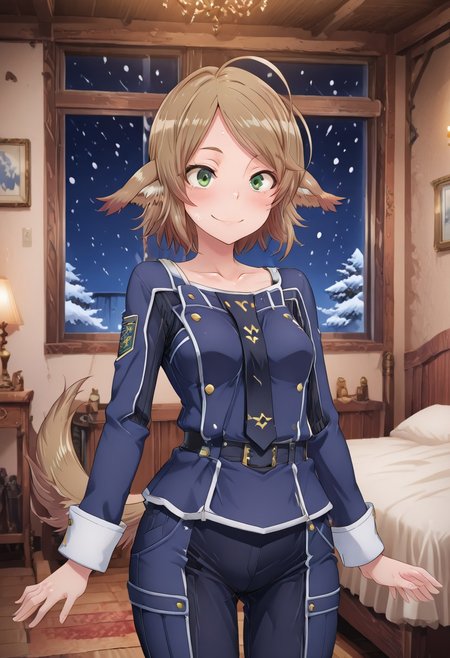 (1girl, solo) noa riads, animal ears, Green Eyes, tail, brown hair, short hair, Pretty eyes, , 1girl, solo, , blush, smile,, brown hair,, fluffy tail, ahoge, animal ears, dog ears, small breasts, swept bangs bedroom, green eyes, animal ears, tail, collarbone, ,
Eye focus ,(skindentation:1.2), shiny skin, shiny body, shiny hair, (best quality) , (highly detailed) ,((masterpiece)), ((best quality)), (ultra-detailed), ((extremely detailed)), (high resolution), 4K, (8K), best quality, (beautiful), (dynamic lighting), (super detailed skin), sharp focus,detailed eyes、detailed face and detailed skin detailed eyes、detailed face and detailed skin,  skindentation, clear skin, shiny hair, ultra detailed eyes, depth of field, sharp, intricate details, hyperdetailed, shindol, 
,, uniform, necktie, pants, night, snow, snowing,, cowboy shot ,(((perfect anatomy))), (((correct arms))), (((correct hands)))