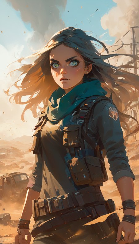 A beautiful female, dust, color explosions, wind, post apocalyptic, extremely beautiful detailed piercing eyes, hero view, action pose, cinematic scene, scenery, detailed background, masterpiece, best quality, high quality, highres, absurdres, very detailed, high resolution, sharp, sharp image, 8k, vivid, colorful, stunning, mature, Toni Infante <lora:toni_infante_xl_v3:1>