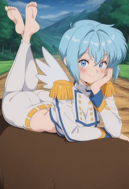 masterpiece, best quality, amazing quality,, , nonoa, short hair, blue eyes, blue hair, mature female, small breasts, anime screencap, navel, wings, midriff, belt, crop top, epaulettes, , the pose, on stomach, feet up, lying, soles, feet, legs up, head rest, barefoot, from side, looking at viewer, ass, smile, blush, sideboob, bike ride, countryside, dirt road, trees, afternoon sun, peaceful, alone, cowboy shot, solo, looking at viewer, huge breasts,