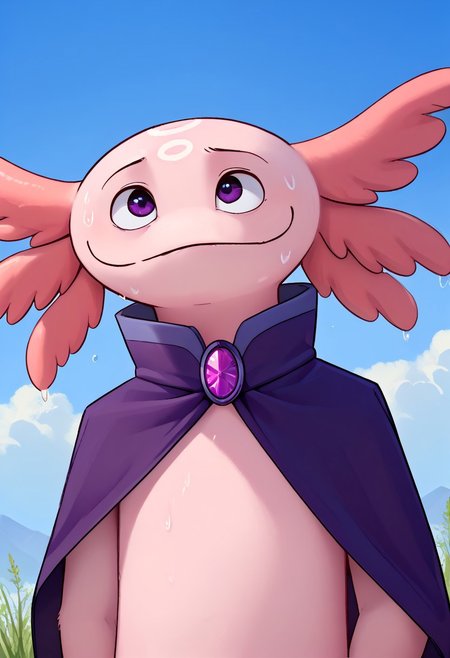 score_9, score_8_up, score_7_up, (by shinodage), outdoor, sexy, sweat, dutch angle, looking aside, high quality, hires, solo, anthro, detailed background, detailed eyes, emotional, easynegative, Split Lighting style, upper body
aristotle, axolotl, pink body, plantigrade, tail, gills, solo, purple cloak, purple eyes, purple gem