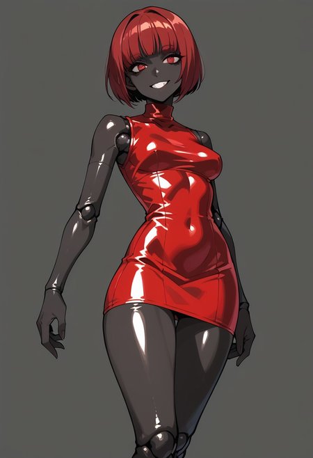 score_9, score_8_up, score_7_up, score_6_up, score_5_up, 1girl, solo, red hair, short hair, bob cut, (black skin:1.2), red eyes, medium breasts, (doll joints:1.1), wide hips,latex pink dress, garters, smile, black skin, shiny skin, petite, skinny