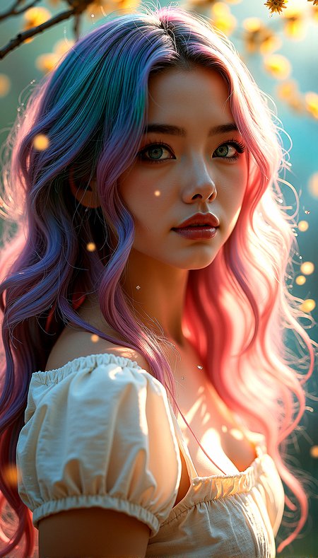 Extreme realism in a complex, highly detailed composition featuring a beautiful woman with flowing rainbow-colored hair, wavy hair, multicolored eyes, ample bosom, slim waist, . The rainbow glowing background, with its vibrant colors, exaggerated details, intricate textures, and dynamic lighting, creates a whimsical, dreamy atmosphere in photorealistic quality. She is wearing Cream-colored linen dress with a square neckline and cap sleeves.


Small, glowing particles floating in the air, adding a magical and ethereal quality to the scene.Clouds with an iridescent sheen, reflecting multiple colors and adding a whimsical touch to the sky.Tree branches that emit a soft light, adding a mystical and natural element to the background.Veils of light that glimmer softly, adding a touch of magic and softness to the scene.Raindrops that glow subtly, adding texture and a soft, rainy atmosphere to the scene.

Looking directly at the camera, with a quiet, reflective expression, camera focus on face








