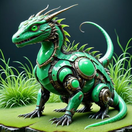 score_9, score_8_up, score_7_up, score_6_up,evi@decrepPunk, 1beast, jade lizzard, jade scales, android parts, made out of jade,  ornately decorated  in the green grass, no humans, dynamic lighting, dramatic and magical,
