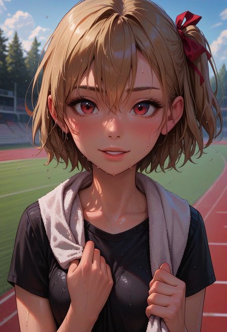 score_9_up, score_8_up, score_7_up, score_6_up, 1girl, 25 years old, perfect face, cute, petite, 
detailed face, portrait, face focus, depth of field, looking at viewer, blush, shy smile, close up, 
red eyes, 
blonde hair, short hair, bob cut, hair ribbon, red ribbon, hair between eyes, sidelocks, one side up, 
black sports top, 
towel around the neck,
sweat, wet skin, wet clothes, wet hair,
running track, track and field, trees, day,