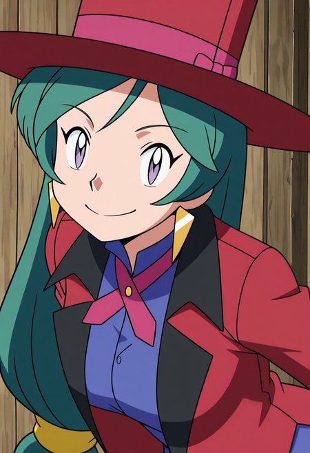 masterpiece, best quality, solo, curvy, beautiful eyes, large breasts, 1girl, solo, smile, looking at viewer,     zzFrancesca, purple eyes, green hair, long hair, low-tied long hair,  red top hat, jewelry, formal, suit, blue vest, tailcoat,  (portrait, close up, leaning forward, portrait),  <lora:FrancescaPokemon_IXL:1.0>,