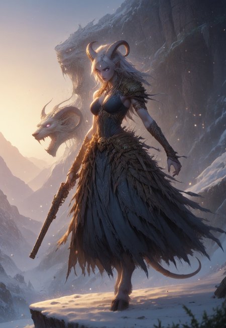 (absurdres, best quality, masterpiece:1.4), score_9, score_8_up, score_7_up, score_6_up, detailed, detailed body, detailed face, world of warcraft, fantasy, <lora:add-detail-xl:1.5>, 

fFaceDetail, SkinDetail, ((female, draenei, tall, athletic arms, pale white skin, long white hair, purple eyes, no pupil, no sclera, long white tail), (h0rns, ram horns, white horns), 
(long fingers, purple fingernails, purple nail polish), hooves),  

GunMonk, shotgun, holding shotgun, dynamic pose, 

(long loose blue dress, blue silk scarf, tail under dress, simple armlet, small yellow gem pendant), 

outdoors, mountains, temple, snow, evening