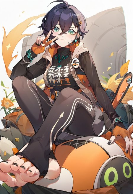 score_9, score_8_up, score_7_up, source_anime, belle \(zenless zone zero\), blush, black nails, fingerless gloves, v, orange jacket, orange gloves, turtleneck, piercing, feet, vest