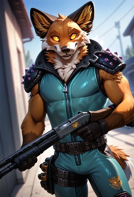 photorealism, photorealistic, chromatic aberration, depth of field, blurry background, detailed fur,   looking at viewer, dutch angle, close up,  (fennix:1.2), fortnite, male focus, solo, 1boy, holding weapon, holding shotgun, furry, anthro, clothes, colored sclera, shoulder armor, glowing eyes,   (syuro:0.8), (nomax:0.5), (honovy:0.6), (kenket:0.6), (taran fiddler:0.6), masterpiece, best quality, amazing quality, very aesthetic, absurdres, newest,   <lora:Fennix_Fortnite_Illustrious:1.0:1.0>,