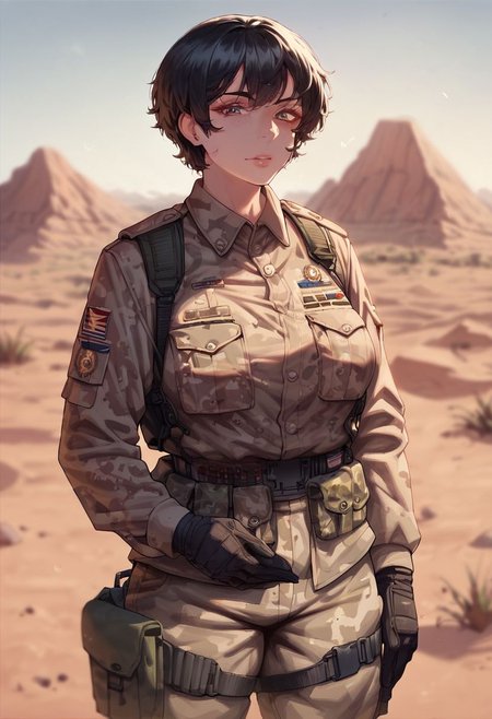 score_9, score_8_up, score_7_up, score_6_up, , mature military woman, looking at viewer,  short black hair, desert setting, detailed, desert camouflage uniform, detailed eyes, <lora:MochirangV1:1>