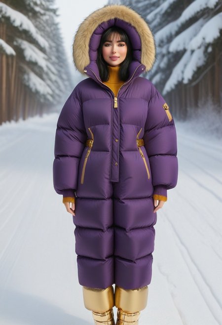 ((((puffer padded jacket)))), ((((puffer padded coat)))), ((((full body)))), ((((fur boots)))), ((((puffer pants)))), ((((puffer hood up)))), winter, snow, forest, 1girl, solo, (masterpiece), detailed face, detailed eyes, (beautiful detailed eyes:1.5), sidelighting, (super detail, hyper detail, intricate_details, detailed), (semi realistic:1.6), (Bob cut), blunt bangs,(black hair), (purple eyes, eyelashs), tanned skin, smug smile, angry face, Golden jewelery, golden rings, golden necklace, golden armlets, golden chains, padded cuffs, padded collar, Thick padded cuffs, Thick padded collar, <lora:Collar-SDXL:0.6>, <lora:Cuffs-SDXL:0.6>, <lora:Puffer_Jacket_and_Down_Jacket_-_Extra_Puffy_Jackets:0.4>, <lora:snowpants_v1:0.4>