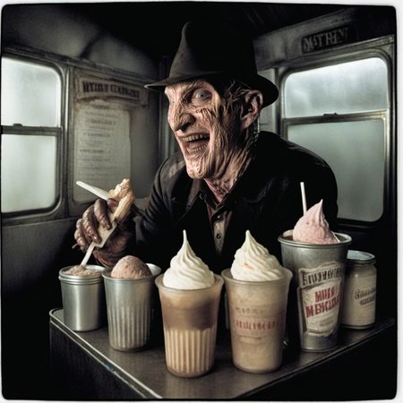Horror-themed a man with a hat is a icecream-man in an icecreamtruck, smile <lora:FreddyKrueger1024:0.8> . Eerie, unsettling, dark, spooky, suspenseful, grim, highly detailed