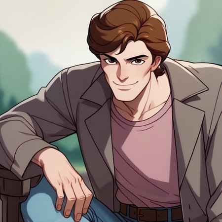 score_9, score_8_up, score_7_up BREAK PeterTAS, 1boy, brown hair, brown eyes, open gray jacket, pink tucked undershirt, brown belt, golden buckle, jeans, gray shoes, smiling at viewer,