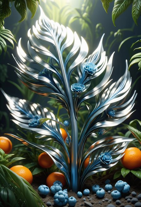 hyper detailed masterpiece, dynamic, awesome quality, DonMSt33lM4g1cXL sturdy titanium white upright creeping plant,  pinnately-compound frond-like leaf, reticulate venation, tufted-rosette, pinnatifid leaf margin, tangerine raceme ovary flower, labiate, phthalo blue legume fruit, checkered, sepaloid, tetracladous phyllotaxy,  , made of steel, shiny  <lora:DonMSt33lM4g1cXL-v1.1-000008:1>