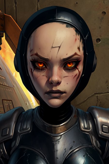 Scorpion, black armor, armored breasts,   black sclera, orange eyes,   bald cap,  upper body,   against wall,  
space ship,  oil, dim lights,  
(insanely detailed, beautiful detailed face,  masterpiece, beautiful detailed  eyes, best quality) <lora:Scorpion-09:0.7>