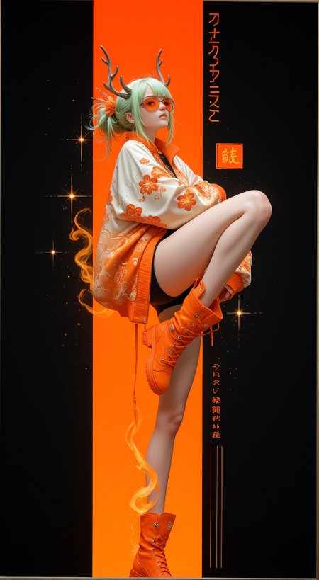A digital illustration of a white, humanoid figure with a slender build and large breasts, sitting on a tall, straight orange and black vertical stripe. The figure has a dreamy, ethereal appearance with intricate patterns on its clothing and accessories. The background is dark, with a subtle gradient of orange to black. The style is reminiscent of Japanese art with a sci-fi aesthetic. The character's eyes are closed, and she has a serene expression. The image is framed by a thin, ornate border with Japanese text..    

,
masterpiece, best quality, amazing quality, very aesthetic, perfect, eyes, grown, 24yo, photorealistic, (USNR),





,1girl, solo, looking_at_viewer, long_sleeves, closed_mouth, standing, jacket, full_body, white_hair, flower, multicolored_hair, sidelocks, boots, horns, shorts, green_hair, shoes, hair_flower, sparkle, bare_legs, white_jacket, sunglasses, crossed_arms, leg_up, standing_on_one_leg, black_background, red_footwear, red_jacket, dragon_horns, knee_up, antlers, tinted_eyewear, chinese_zodiac, red_theme, orange_jacket, orange_footwear, orange_theme, orange-tinted_eyewear, red-tinted_eyewear, 2024, year_of_the_dragon, print_jacket
