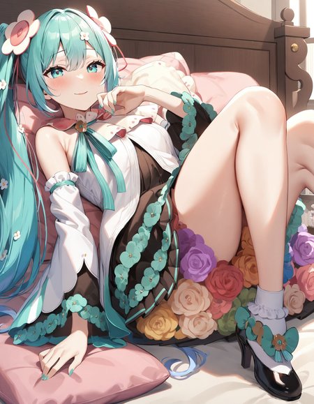1girl, mjmr2021, magical mirai miku, hatsune miku,
very long aqua hair, gradient hair, twintails, hair flower ornament, dress, white wide sleeves, aqua eyes, dress flower, cape, skirt, black high heels,
white flower, blue flower , yellow flower, rose, pink flower, purple flower, flower petticoat, flower under skirt,
seductive smile, blush, aroused,
indoors, bedroom, lying on bed, lying,
masterpiece, best quality, very aesthetic, sensitive, safe,
<lora:neg4all_bdsqlsz_xl_V91:1>  <lora:mjmr2021_anmgn31_C:0.8>