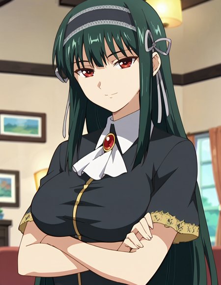 score_9,score_8_up,score_7_up,score_6_up,score_5_up,score_4_up,1girl, <lora:shinra_kuonji:0.7> shinra_kuonji,big breasts,hair band,brooch,black  dress, short sleeves, jewelry,upper body,crossed arms, looking at viewer,smile,anime screencap,