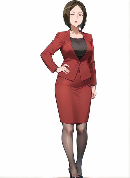 masterpiece,best quality,anime coloring,anime screenshot,
<lora:add-detail-xl:0.5>
<lora:Yuuki_Kyouka:1>Yuuki_KyoukaV1,  
1girl,solo,full body, pencil skirt,formal,
red skirt,short hair, black shirt, 
red jacket,yuuki kyouka, white background, 
simple background, mature female,high heels, 
parted bangs,  bob cut,black  pantyhose, 
hand on own hip, 
 40YO,