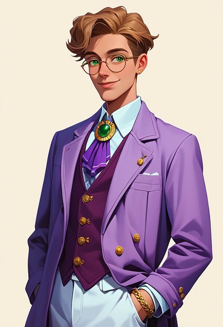 score_9, score_8_up, score_7_up, mgas, masterpiece, best quality, detailed eyes, detailed face, perfect eyes, high detailed, absurdres, highres, casual game art, mobile game art, merge 3 game art, character design, BREAK 1boy, man, mature, solo, smug, attractive, light brown hair, short hairstyle, green eyes, round black-rimmed glasses, white shirt under the jacket, purple silk tie, light purple knitted vest over the shirt, light brown jacket with 3 round small buttons on the cuffs, fake pockets on the jacket, white trousers, gold snake brooch on a tie, a gold chain bracelet on his right hand, BREAK holding on to the lapel of his jacket with both hands, standing, cowboy shot, looking to the left, BREAK simple background, white background
