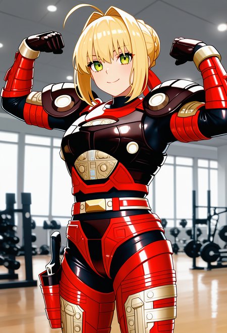 1girl, solo, R3ddle, armor, bodysuit, shoulder pad, gloves, belt, holster, shiny clothes, (nero claudius (fate):0.9), blonde hair, green eyes, flexing, looking at veiwer, smile, cowboyshot,
indoors, gym,
best quality, very aesthetic, masterpiece,