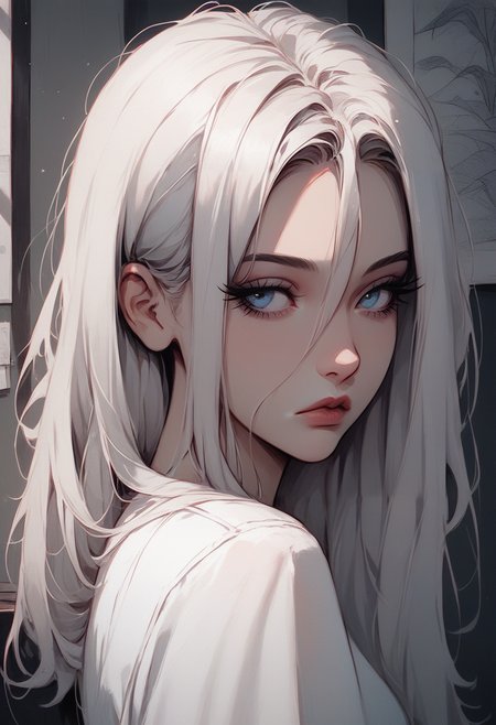 score_9, score_8_up, score_7_up, 1girl, Goth girl, solo, drawing, eyelashes, (powder hair), hair lines, straight hair,  hair between eyes, spiky hair, (blue eyes,  eyelashes, makeup), casual outfit, white shirt, eyes focus, black stroke, indoors, cute, adult, <lora:add-detail-xl:0.4> , <lora:[GP] somethingweird [Pony XL]:0.15>, <lora:g0th1cPXL:0.3>, <lora:Goth_girl_XL-v2:0.8> ,<lora:st4t1ctvXLP:0.8>