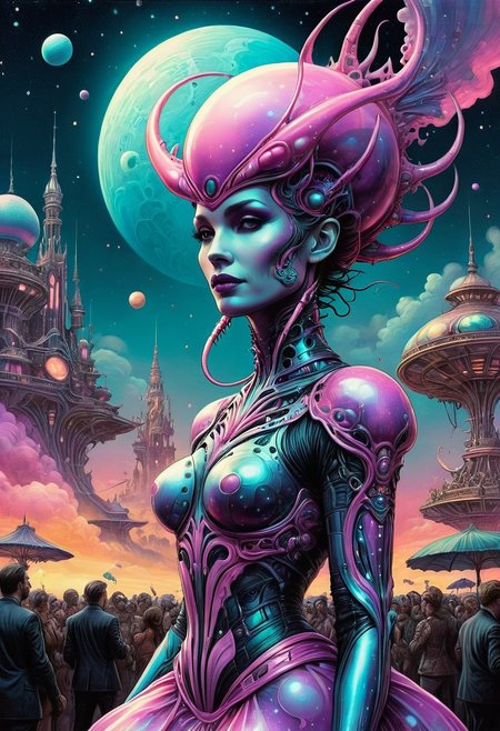 splash art, digital painting,polkadot 60's pastels color,  in front of a crowd, art Nouveau, baroque,  trending on a planet  intricately detailed, large bosom, standing on a alien,  Ethereal alien cybergoth fashion photography painting, landscape by person
<lora:InkArtXL_1.2:0.4> <lora:FaeTastic:0.35> .  incredibly lifelike, high contrast, well defined .