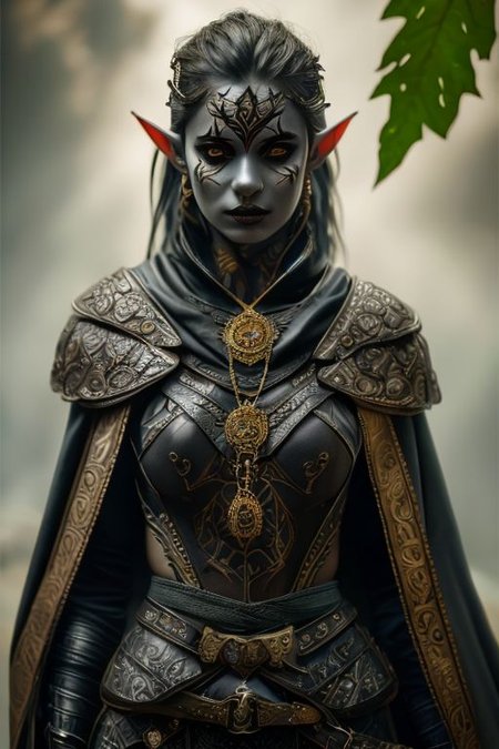 RAW photo, (masterpiece:1.3), subsurface scattering, heavy shadow, (high quality:1.4), (intricate, high detail:1.2), professional photography, HDR, High Dynamic Range, realistic, ultra realistic, photorealistic, high resolution, film photography, ambient lighting, atmospheric effects, <lora:detail_slider_v4:2>, OverallDetail, a female drow ranger, dark makeup, intricate leather armor with leaf patterns, jewelry, cape, tiara, <lora:Drow:0.8>, epiCPhoto