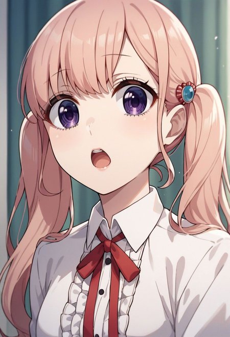 score_9, score_8_up, score_7_up, source_anime,ririna sanada, 1girl, solo, long hair, open mouth, shirt, ribbon, twintails, purple eyes, white shirt, pink hair, frills, collared shirt, red ribbon, neck ribbon