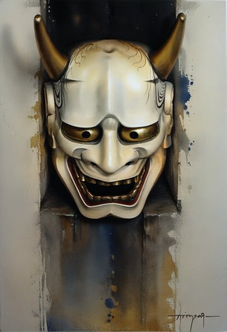 score_9,score_8_up,score_7_up,
Illustration of a man wearing a Hannya mask,35 years old,mature man,Japanese samurai,19th century,dramatic lighting,high contrast,decorative,atmospheric,haunting beauty,texture,(dynamic angle),
Front view,splash art,highly detailed illustration,trending on Artstation,paint splashes,perfect composition,watercolor,sharp focus,intricate details,highly detailed,
Hannya mask (1.3),see-through haori (1.2),tumbling motion (1.0),1970s drama style (0.8),dynamic pose (0.9),thin cloth fluttering in the background (0.8),dramatic lighting (0.7),cinematic composition (0.6),short hair with a topknot,black hair,left hand covering face,
<lora:BDpony_Hannya_V1:0.8>,Hannya,
white background,
<lora:Midjourney_5:0.6>,<lora:WaterColorV3:0.8>,watercolor,