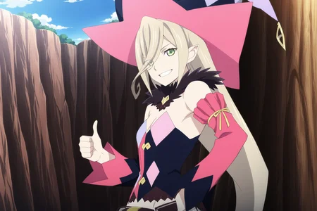 anime screencap, anime coloring, detailed face, masterpiece, best quality, very aesthetic, absurdres, volumetric lighting, official style, amazing quality, ultra detailed,  highres, amazing quality, scenery, beautiful detailed hair, beautiful detailed eyes,
<lora:StS-Illustrious-Detail-Slider-v1.0:4>
 <lora:Magilou_Tales_of_Berseria:.8>
outside, trees, blue sky,
Magilou (character), 1girl, pink sleeves, solo, long hair, blonde hair, hat, detached sleeves, green eyes, open mouth, asymmetrical sleeves, looking at viewer, pointy ears, hair between eyes, red, cleavage, (girl giving the viewer a thumbs up:1.2), cowboy shot, grin, open mouth, from the side,