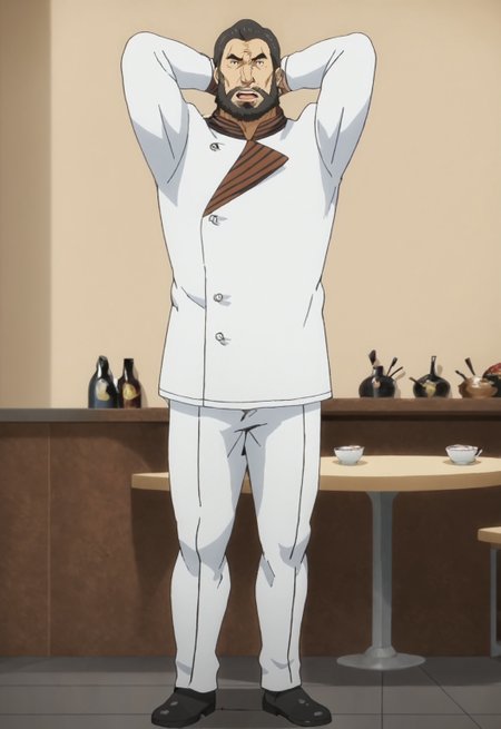 safe_pos, safe_pos, score_9, score_8_up, rating_nsfw, ultra hd, absurdres, best quality, best aesthetic, masculine, solo, 1boy, male focus, best anatomy, best eyes, detailed eyes, best hands, erotic, gay porn, hand with five fingers, mature male, anime screencap

FoodKasayama, beard, facial hair, chef, dark hair, short hair, Expressiveh, looking at viewer, detailed background, hands behind head, full body, restaurant background, dining room, open mouth, teeth, grinning