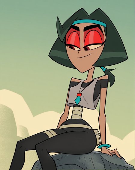 score_9, score_8_up, score_7_up, BW_zyn, 1girl, solo, brown skin, dark red eyes, dark green hair, twintails, medium hair, red eyeshadow, headband, bracelet, necklace, black body suit, bandages, grey tank top, small breasts, narrow waist, wide hips, desert  with cactus background, sitting on a rock, half closed eye, nauthy smile, open legs, low angle, stockings