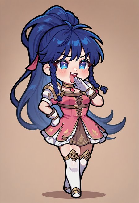 masterpiece, best quality, newest, absurdres, highres, 1girl, solo, chibi, meme, laughing, ojou-sama pose, standing, full body, <lora:TanaFE-illu:1> defTana, blue hair, long hair, high ponytail, hair ribbon, twin braids, blue eyes, gold choker, pink dress, chest strap, short dress, pauldrons, puffy short sleeves, white gloves, brown skirt, white thighhighs, simple background, drop shadow