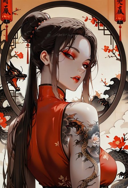 masterpiece, best quality, 32k, high resolution, absurdres, Chinoiserie, Mei, MeiRH,  1woman, mature woman, chinese woman, Very long black hair, brown gradient hair, high hair bun, brown eyes, asian eyes, pale skin, medium breasts,  full right arm tattoo, big back tattoo,  portrait, face closeup, front view, sleeveless Chinese dress, color splashes background, aesthetic, detailed eyes,  upper body, looking at the viewer, parted lips, red lipgloss, eyeliner, makeup, back view, from behind shot