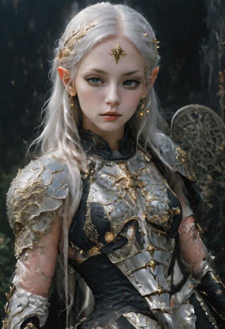 analog film photograph of the high queen, an elf female of unearthly beauty, very long straight white hair, very pale pink skin, light grey eyes, (natural ears:1.2)
mysterious smirking expression, looking down at the viewer, wearing (intricately decorated Milanese black (full cuirass) plate armor:1.4), intricately decorated with a damask, gold inlay, (brandishing a glowing sword pointed at the viewer:1.9),
elf queen, full body shot,
1girl, GLOWING STYLE