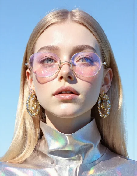 A hyper-detailed, avant-garde photograph featuring a striking europian beautiful supermodel girl with long hair and pale light brown skin against a clear, plump lips, light blue sky. Her full-face close-up highlights the smooth texture of her flawless complexion. Diamonds sparks on her cheek, adding an artistic touch. Shimmering metallic eyeshadow enhances the depth of her piercing gaze, while her glossy, deep red lips create a bold contrast to her skin. pink sunglasses.
Large, intricately detailed golden earrings shaped like a thin rings reflect light, contributing to her modern allure. She wears metallic urban Buddhist monk clothing, with a turtle neck that enhances her avant-garde look. The reflective surfaces of her earrings and outfit create a dynamic interplay with the environment, emphasizing her sleek presence.
The minimalist background allows the viewer to focus on her eye-catching fashion and makeup. Captured with a Sony A7R IV camera and a 50mm f/1.2 G Master lens for a beauty editorial shoot, this composition highlights her fashion-forward aesthetic. Inspired by avant-garde fashion photography from Solve Sundsbo, this image blends contemporary fashion and minimalist elegance, embodying mythp0rt and niji_flux styles for a sleek, high-fashion vision. ((glow_skin, iridescent skin, oily skin, portrait)), ,  <lora:20:0.8> candy colors in the style of ckcf, <lora:ck-candyFLUX:1>,  detailifier   <lora:detailer_flux_v1:1>