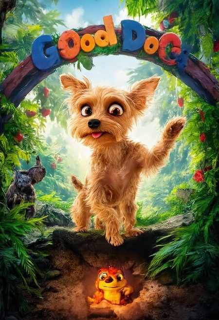 The image shows a vibrant, animated movie poster inspired by the whimsical style of a Pixar film, with a charming Yorkshire Terrier named Allab taking center stage. Allab, with her soft, golden fur and twinkling, expressive eyes, is depicted in a playful stance, ready to strike a pose. Instead of barking, she's wearing a mischievous grin, with her tiny, pink tongue peeking out. Behind her, a lush, verdant jungle unfurls, teeming with life - colorful birds, curious monkeys, and even a friendly, winking frog peeking from behind a giant leaf. The title, "The Good Dog," is written in bold, playful letters, reminiscent of Pixar's iconic typography, arching over Allab like a rainbow, with each letter subtly animated, as if wagging with life. Below, a warm, inviting glow emanates from a cozy, earthen burrow, hinting at the heartwarming adventures and lessons Allab, our unlikely hero, is about to embark on.