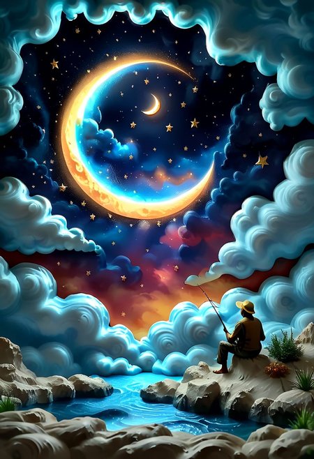 The silhouette of a fisherman fishing, sitting on the edge of a crescent moon, in the sky, starry, clouds, solo, vibrant, photo realism, Masterpiece, (8k:1), best quality, ultra detailed, best artist, micro details, sharp edges, detailed textures, (full body shot:1), atmospheric lighting, visually stunning, perfect composition, trending on artstation