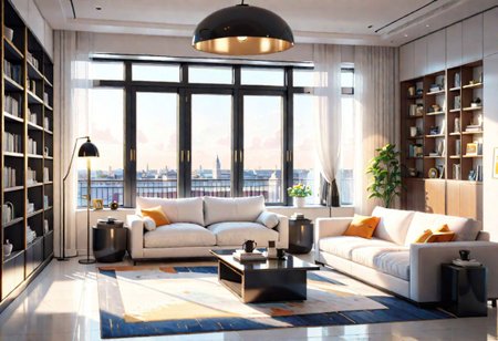 ((front view)), Shallow scene, ((animation style)), modern-style interior, with white walls, (large windows), a  study, Sofa, coffee table, bookcase, single wall, 
warm light morning sun, (the view of the city)