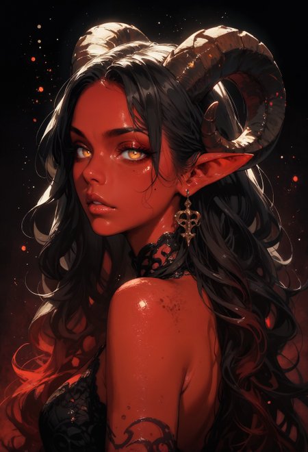 score_9, score_8_up, score_7_up, score_6_up, score_5_up, score_4_up,  1girl, solo, flowing hair, glowing red eyes, curved ram horns, sharp ears, red skin, demoness, cradling a black sheep, limited red palette, monochromatic, eerie atmosphere, big butt, booty, bubble butt, seductive, makeup, eyeliner, eyeshadow, dark background, neon, contour light, dynamic scene, detailed, masterpiece, wide angle
