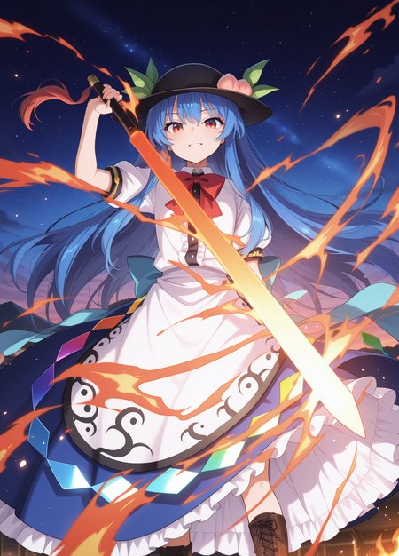 absurdres, highres, masterpiece, best quality, amazing quality, official anime artwork, screencap, anime screencap, outdoors, looking at viewer, light smile, dynamic pose,
<lora:Tenshi-Hinanawi_Illustrious:1> hinanawi tenshi, 1girl, solo, red eyes, blue hair, long hair, hat, peach hat oranement, red bowtie, white shirt, short sleeves, apron, petticoat, blue skirt, holding, sword of hisou, kaname-ishi , 
light particles, night, sky, starry sky, star, floating hair, teeth, fire,