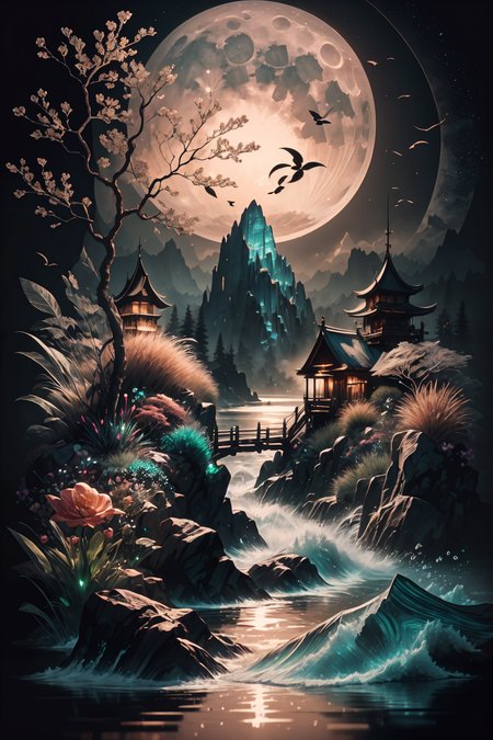<lora:Calligraphy-ink-style-darquelilly-v1:1> calligraphyinkstyle, different flowers and gemstones, diamonds, rubies, zirkons, emeralds, aquamarins, harmonic fusion, volumetric lighting, night time, moonlight reflects in the water, black background, <lora:Crystals:0.7> crystalz