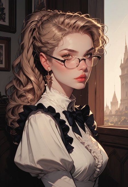 score_9, score_8_up, score_7_up,  masterpiece, best quality, amazing quality, very aesthetic, high resolution, ultra-detailed, absurdres, scenery, photorealistic, Rembrandt lighting, chiaroscuro, 1girl, brown eyes, long wavy blonde hair, ponytail, sidelocks over shoulder, looking at viewer, frilled dress, classic french gothic maid, puffy sleeves, medium breasts, black bowtie, wearing glasses, BREAK, depth of field, photorealistic details, volumetric lighting