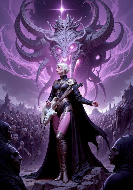 woman as Nyarlathotep's negotiator playing epic (electric guitar) solo in front of huge crowd, wearing black leather suit and pink leggings, monochrome tones, blurred setting, dark atmosphere, standing on stage, epic pose, purple sparks from electric guitar, (mesmerized crowd), lovecraftian horror {prompt} . eldritch, cosmic horror, unknown, mysterious, surreal, highly detailed