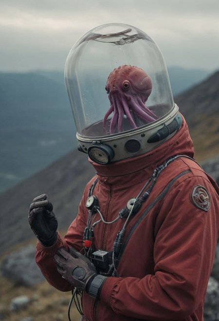 wired cyborg fishtank-head, person in Red Vintage tracksuit standing on a mountain top, hands reachinng to heaven, with a fishtank as head with a small dark-purple translucent octopus made of technical parts and wires in it, closeup,
atmospheric haze, Film grain, cinematic film still, shallow depth of field, highly detailed, moody, epic, photorealistic, atmospheric lighting, billowing cloud backdrop with volumetric lighting from within ,
