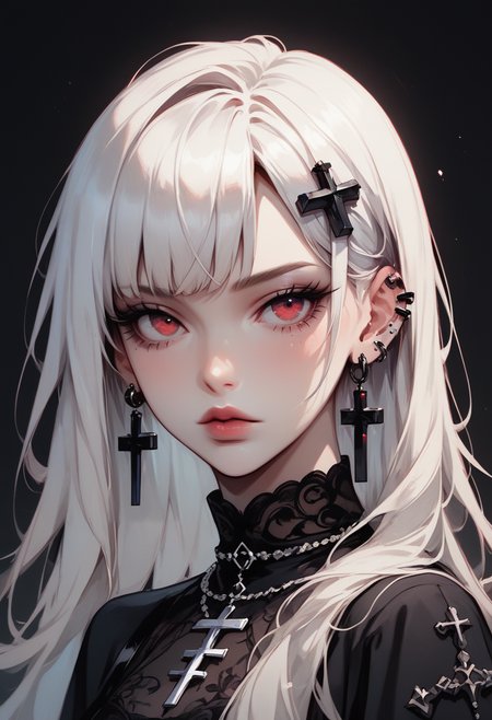 score_9, score_8_up, score_7_up,Goth girl, Goth girl 1girl 1girl,solo,long hair,looking at viewer,bangs,simple background,red eyes,dress,jewelry,upper body,white hair,earrings,parted lips,black dress,piercing,cross,black background,ear piercing,,cross earrings,latin cross, <lora:[GP] somethingweird [Pony XL]:0.2>, <lora:g0th1cPXL:0.3>, <lora:Concept Art Twilight Style SDXL_LoRA_Pony Diffusion V6 XL:0.8>, <lora:Goth_girl_XL-v2:0.8>