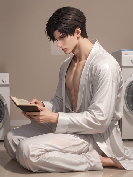 score_9,score_8_up,score_7_up,1boy,solo,yaoi,bara,male focus,fairly nsfw,uncersored,highres,best quality,amazing quality,best aesthetic,absurdres,<lora:add-detail-xl:1>,<lora:Expressive_H:1>,Expressiveh,<lora:zayne:0.5>,zayne,black hair,brown eyes,robe,open clothes,washing machine,sitting,reading,full body,from side