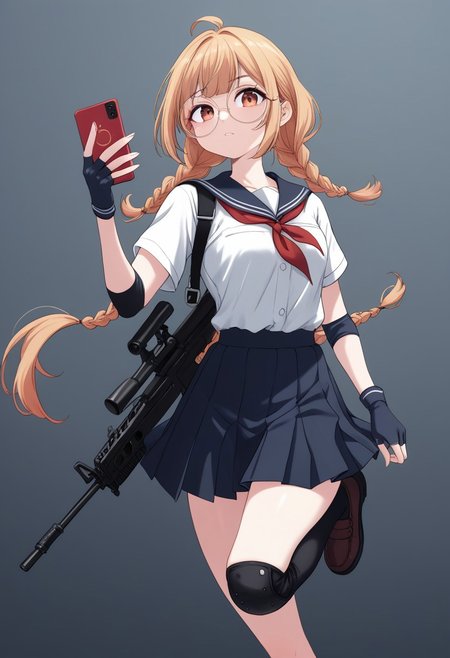 score_9, score_8_up, score_7_up, score_6_up, solo, source_cartoon, 1girl, skinny, androgynous, looking at viewer, round eyewear, blond hair, long twintail braids, white school uniform, skirt, knee and elbow pads, fingerless gloves, holding flip phone, holstered rifle to the side, medium breast, mid movement, dynamic pose, absurdres, 